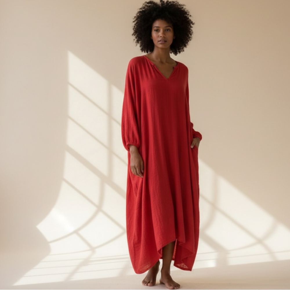 Cuyana Cherry Red Oversized Laganlook Long Sleeve Maxi Caftan Pocket Dress Med